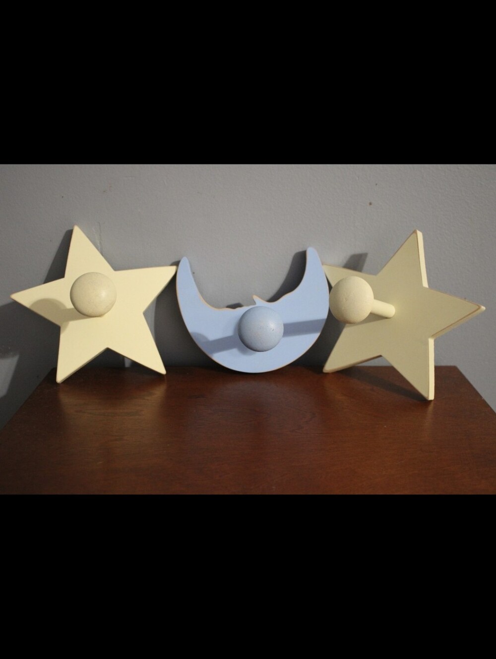 Vintage Retro Moon and Star Wooden Wall Hooks in Light Blue and Cream